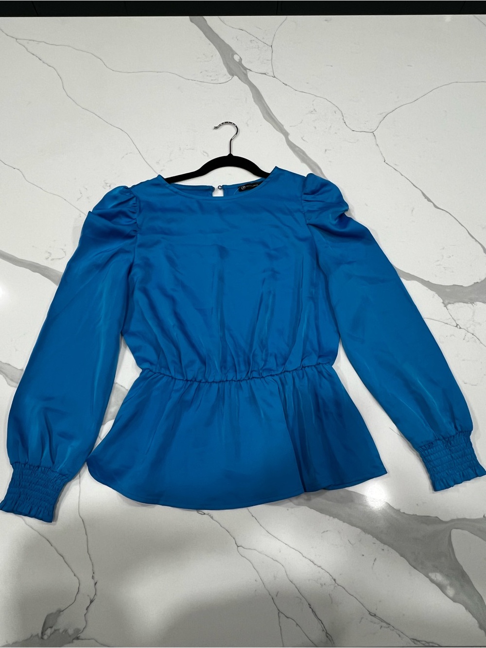 Women's Blue Peplum Blouse with Smocked Cuffs